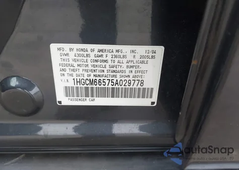 2005 Honda Accord 3.0 Ex z USA, uszkodzony, nr VIN 1HGCM66575A029778